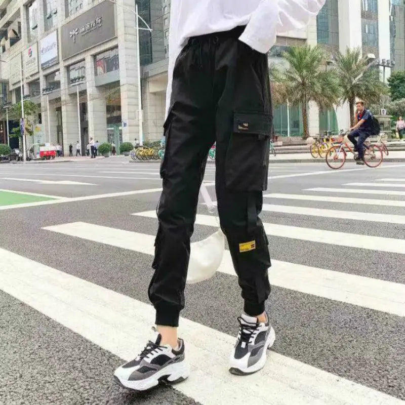 Pantalones cargo negros holgados de cintura alta para mujer