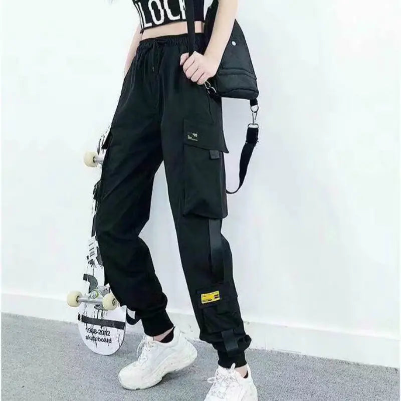Pantalones cargo negros holgados de cintura alta para mujer