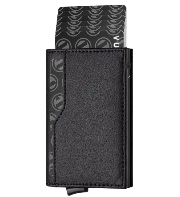 Cartera automática de cuero con bloqueo RFID y ventana para identificación