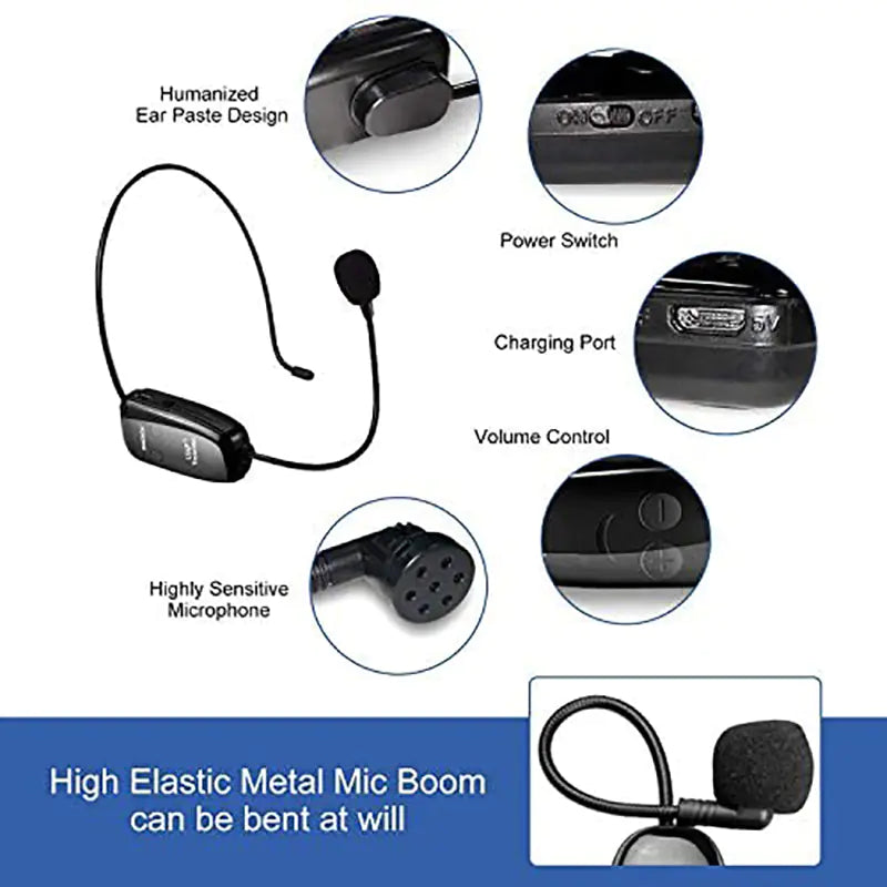 Micrófono inalámbrico 2 en 1 con auriculares y micrófono de mano, alcance de 50 metros