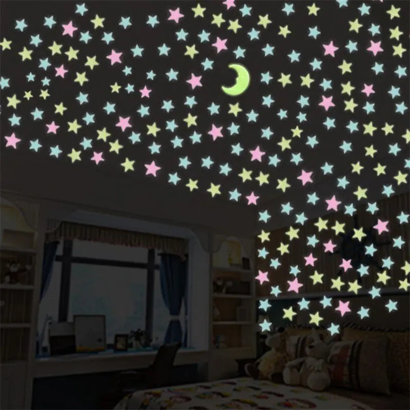 Pegatinas de pared de estrellas que brillan en la oscuridad de 3 cm, 100 unidades