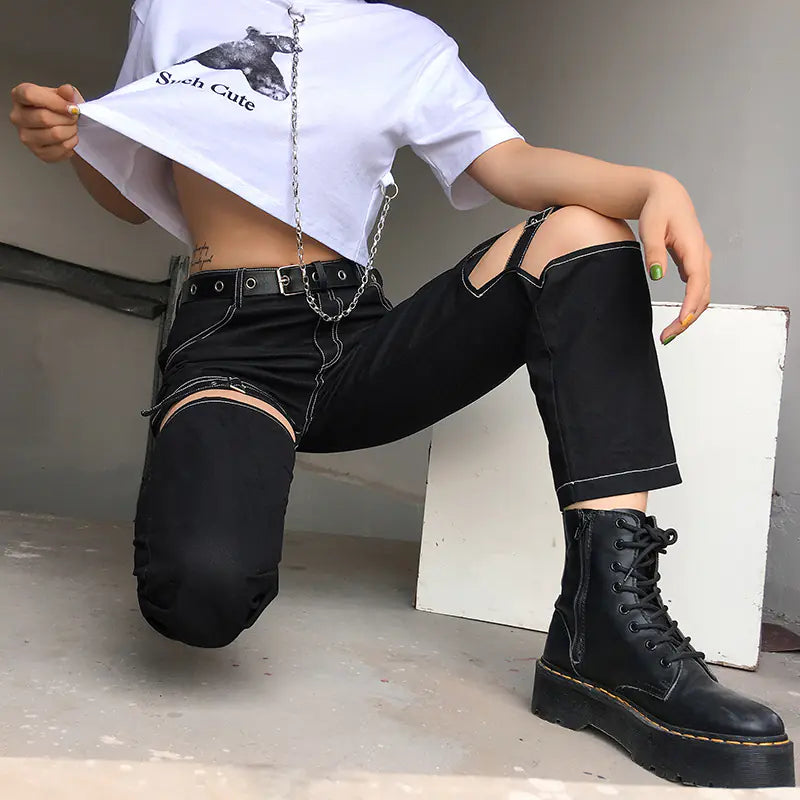 Pantalones cargo asimétricos con cortes metálicos para mujer
