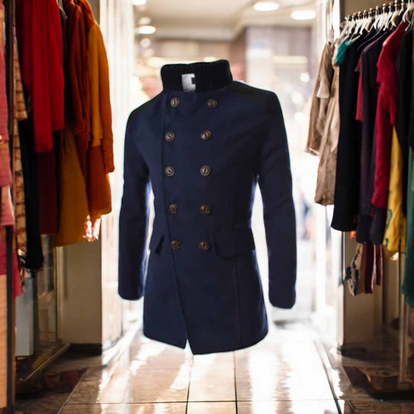 Men's Double-Breasted Long Wool Coat for Fall/Winter
