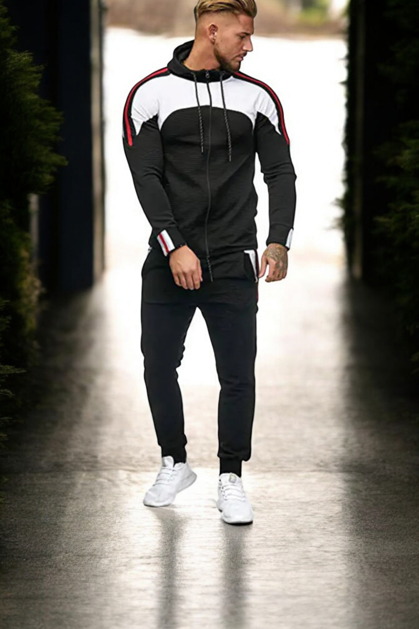 Men's Casual Sports Set with Color Block Hoodie