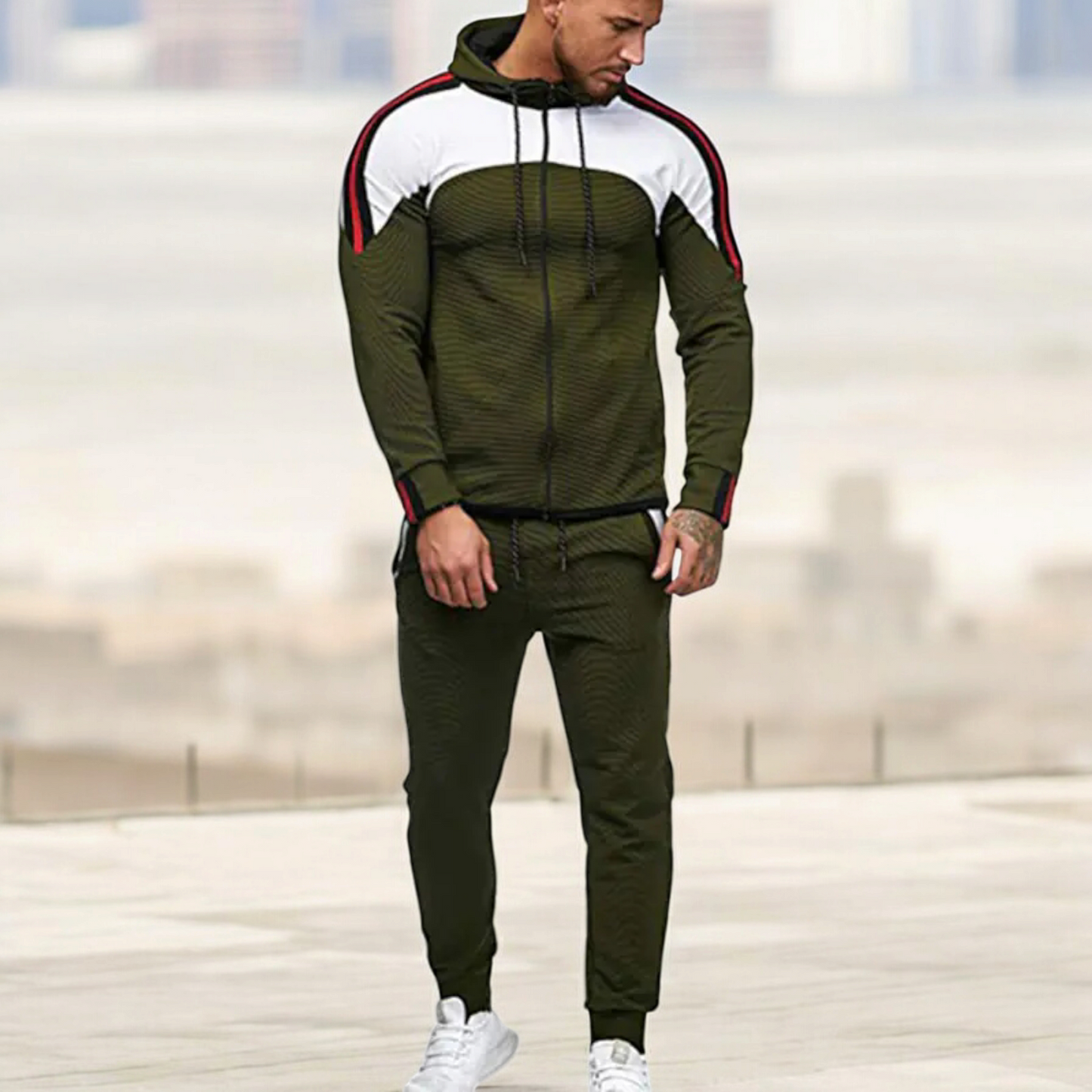Men's Casual Sports Set with Color Block Hoodie