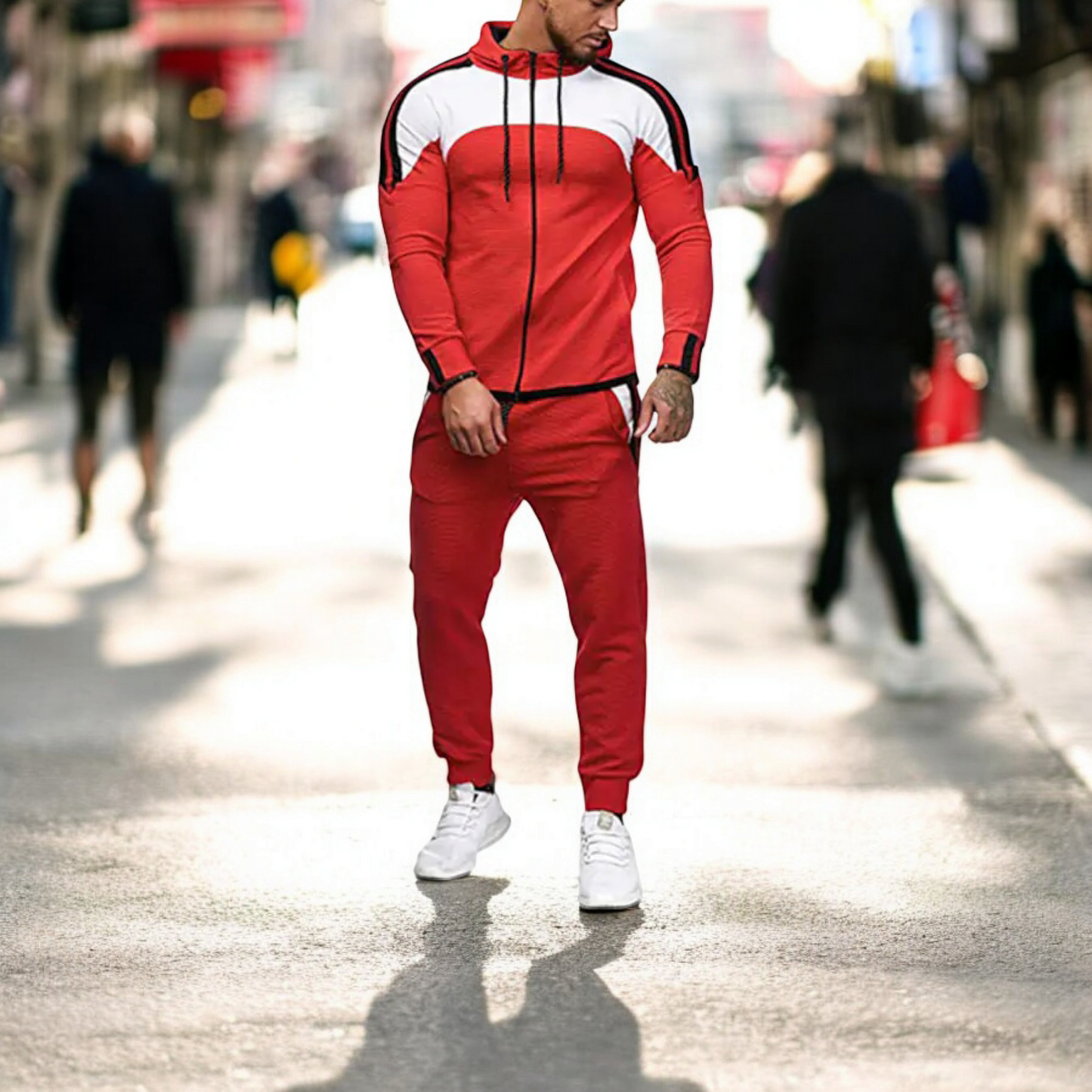 Men's Casual Sports Set with Color Block Hoodie