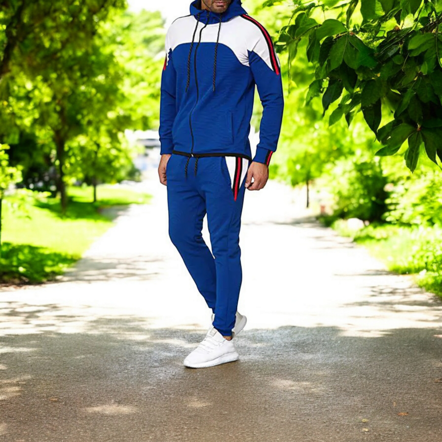 Men's Casual Sports Set with Color Block Hoodie