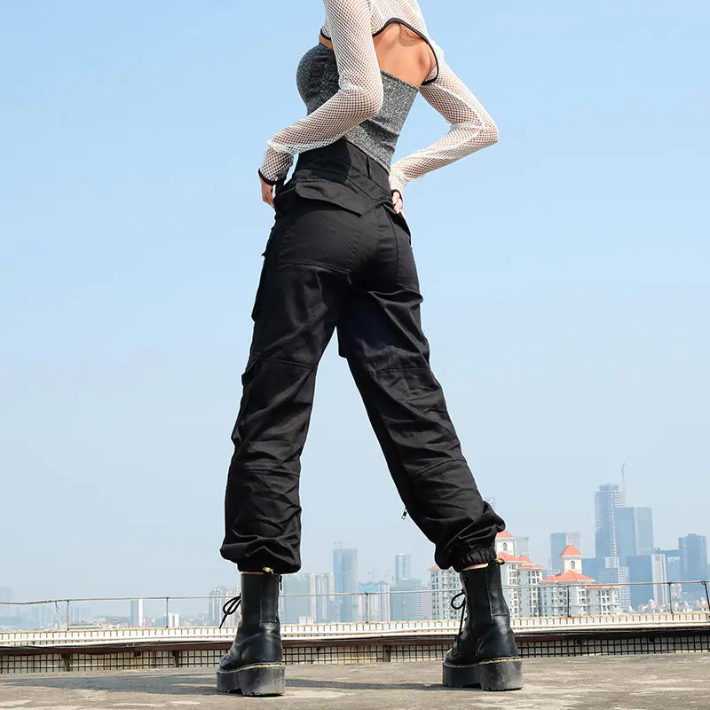 Pantalones cargo de cintura alta con múltiples bolsillos para mujer