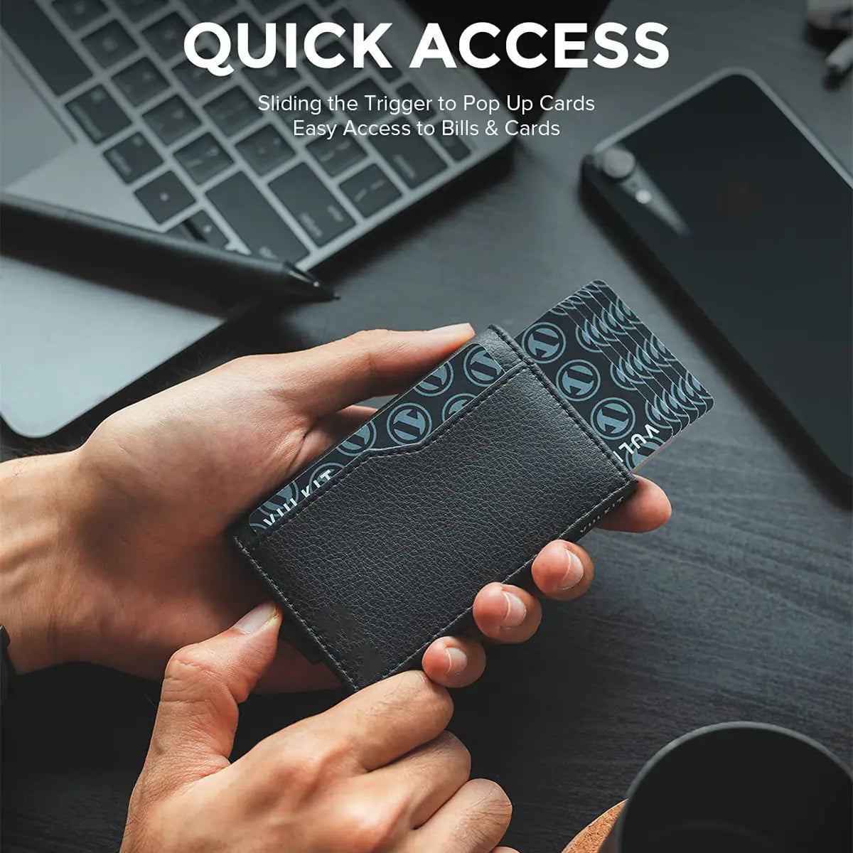 Cartera automática de cuero con bloqueo RFID y ventana para identificación