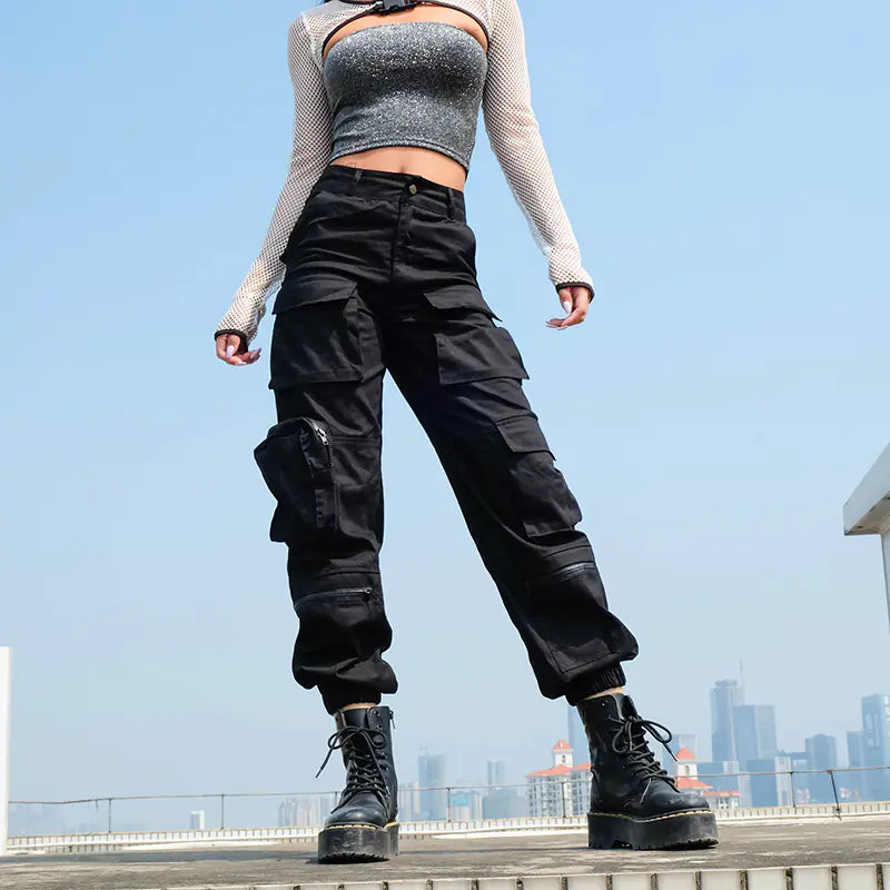 Pantalones cargo de cintura alta con múltiples bolsillos para mujer