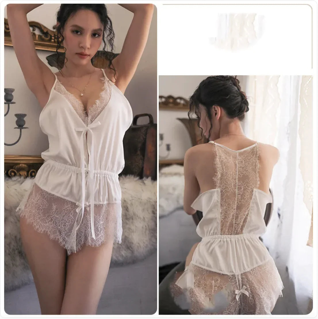 Conjunto de pijama sexy de encaje y seda helada