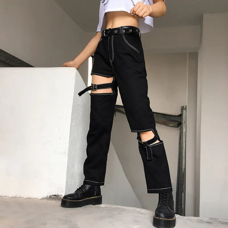 Pantalones cargo asimétricos con cortes metálicos para mujer