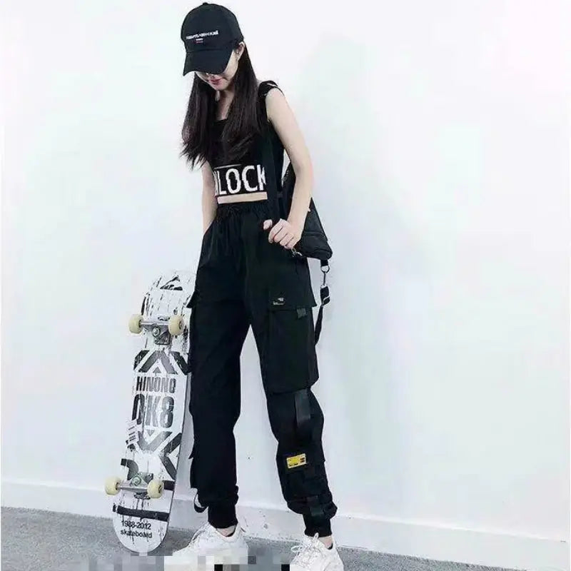 Pantalones cargo negros holgados de cintura alta para mujer