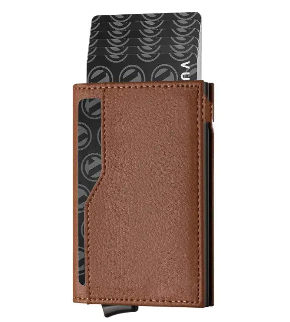 Cartera automática de cuero con bloqueo RFID y ventana para identificación