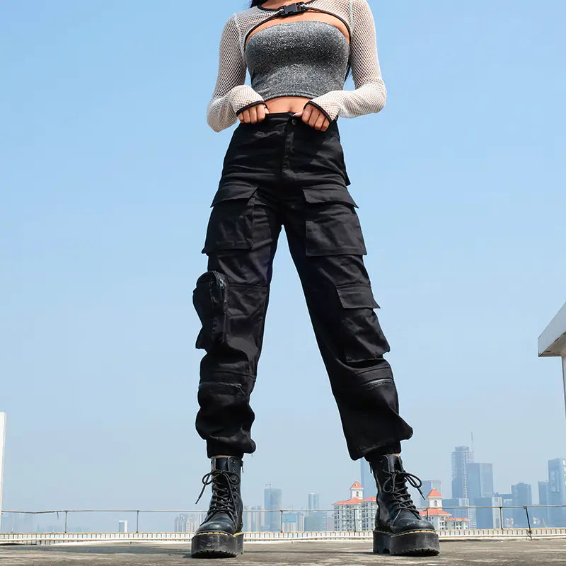 Pantalones cargo de cintura alta con múltiples bolsillos para mujer