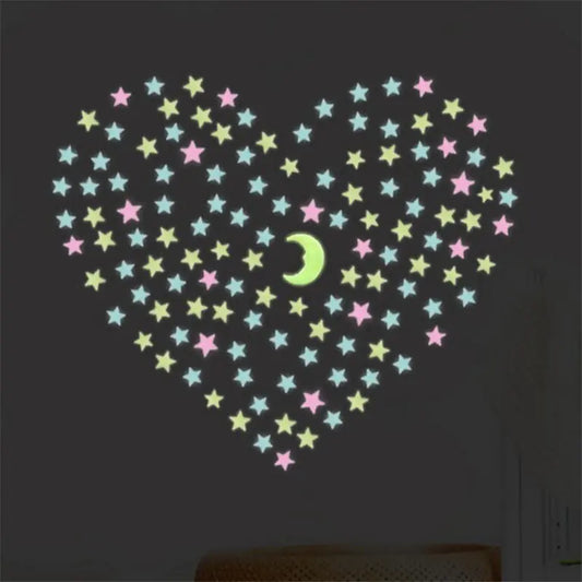 Pegatinas de pared de estrellas que brillan en la oscuridad de 3 cm, 100 unidades