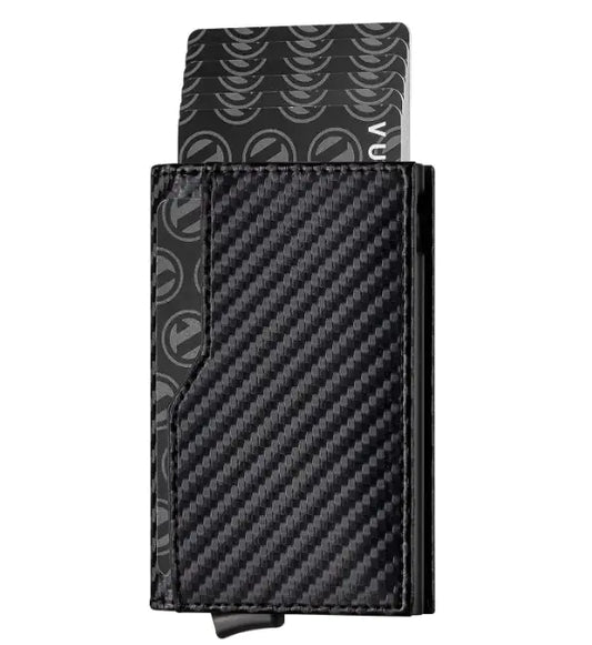Cartera automática de cuero con bloqueo RFID y ventana para identificación