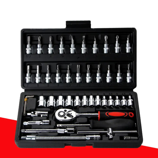 Kit de herramientas de reparación de automóviles de 46 piezas: trinquete, llave inglesa y juego de copas