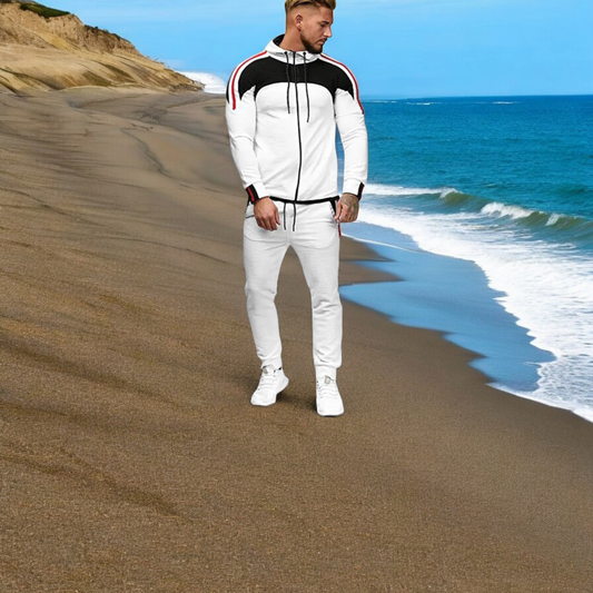 Men's Casual Sports Set with Color Block Hoodie