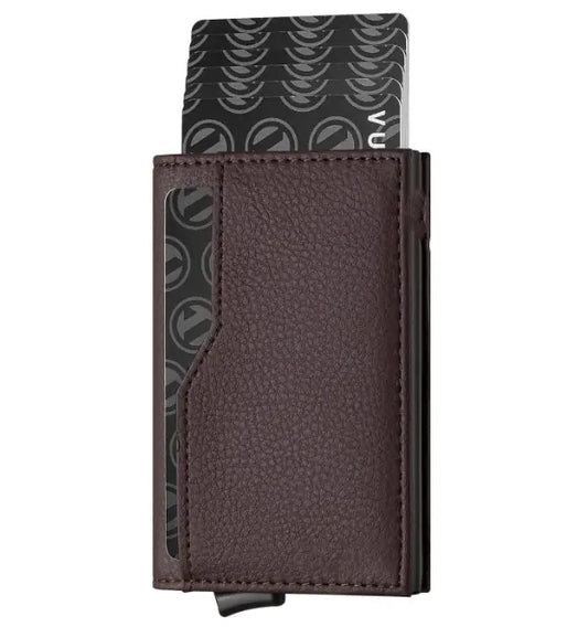 Cartera automática de cuero con bloqueo RFID y ventana para identificación