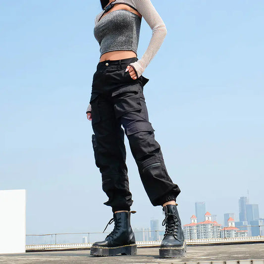 Pantalones cargo de cintura alta con múltiples bolsillos para mujer