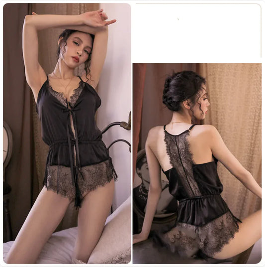 Conjunto de pijama sexy de encaje y seda helada