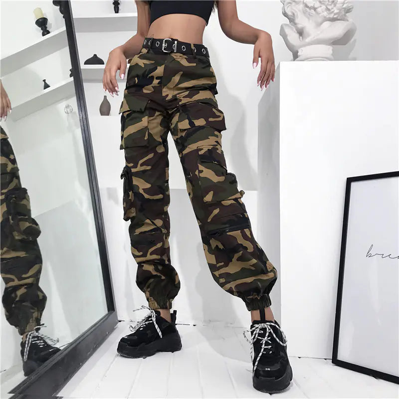 Pantalones cargo de cintura alta con múltiples bolsillos para mujer