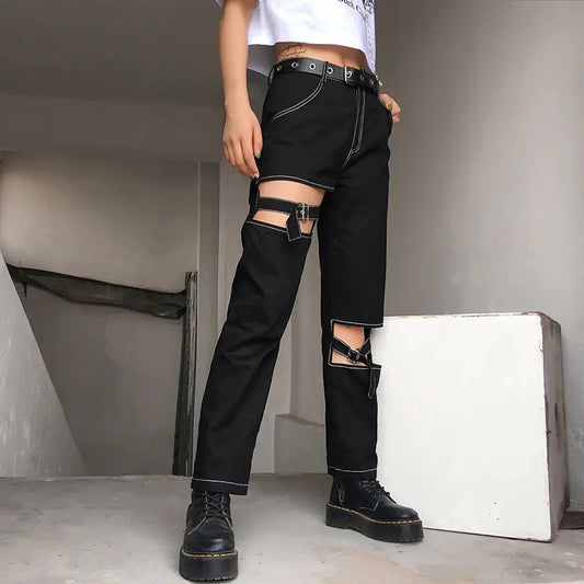 Pantalones cargo asimétricos con cortes metálicos para mujer
