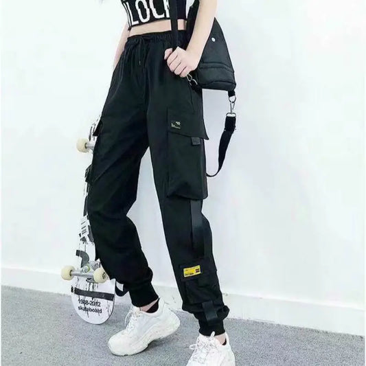 Pantalones cargo negros holgados de cintura alta para mujer