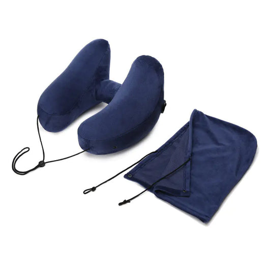 Almohada de viaje inflable con capucha en forma de H para el cuello