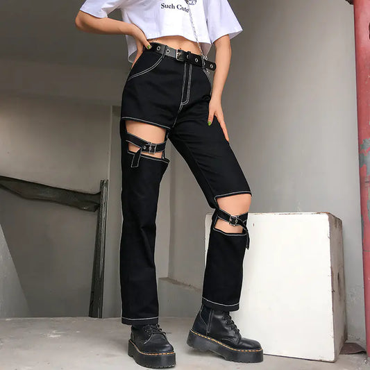 Pantalones cargo asimétricos con cortes metálicos para mujer